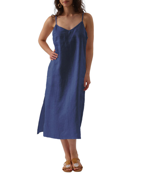 Amazhiyu Womens Pure Linen Summer V Neck Midi Spaghetti Strap Slip Dress with Pockets Navy, Large