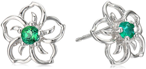 Amazon Collection Sterling Silver Created Emerald Flower Stud Earrings
