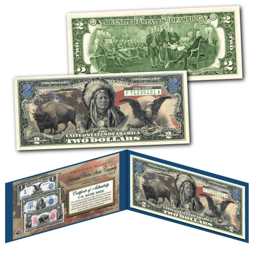 Americana Images Buffalo Bison Black Eagle Native American Chief Uncirculated Two Dollar Bill Special Edition Collectible Display Holder and Certificate