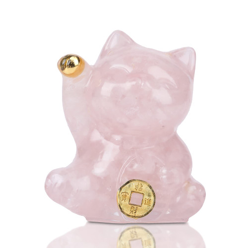 Reyife Yellow Crystal Lucky Cat Figurine Hand Carved Maneki Neko Money Cats Statue Feng Shui Decoration for Home Office Attract Good Luck Money Wealth with Gift Box (Pink Quartz)