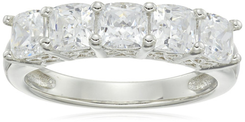 Amazon Collection Platinum Plated Sterling Silver Infinite Elements Cubic Zirconia Cushion 5 Stone Anniversary Ring, Size 5