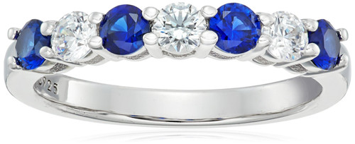 Amazon Collection Platinum-Plated Sterling Silver Infinite Elements Cubic Zirconia 7-Stone Round-Cut and Created Sapphire Ring size 6