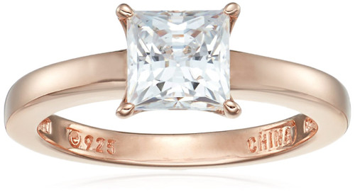 Amazon Collection Rose Gold Sterling Silver Infinite Elements Cubic Zirconia Princess Solitaire Ring, Size 6