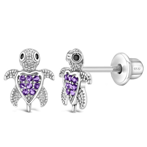 925 Sterling Silver Girl's Purple Cubic Zirconia Screw Back Sea Animal Themed Earrings - Turtle Stud Earrings for Young Girls & Teens - Safety Screw Back Lockings