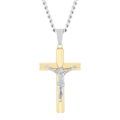 Two Tone Stainless Steel Crucifix Pendant with Jesus Christ on the Cross with 24" Twisted Curb Chain Necklace Two Tone Stainless Steel Crucifix Pendant with Jesus Christ on the Cross with 24" Twisted Curb Chain Necklace