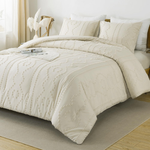 Andency Beige Tufted Comforter Set Queen(90x90Inch), 3 Pieces(1 Boho Comforter, 2 Pillowcases) Textured Farmhouse Comforter, Soft Microfiber Down Alternative Geometric Comforter Bedding Set