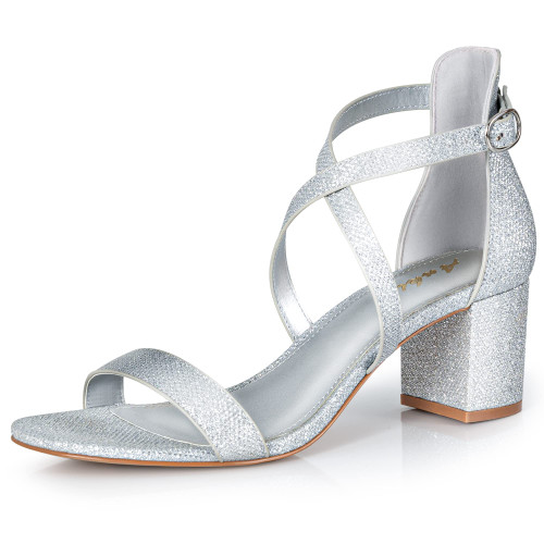 Ankis Silver Glitter 2.25Inches Strappy - Block Heels Comfy Grace Sandals Open Toe Chunky Dress Wedding Party Prom Heels with Adjustable Cross Strap