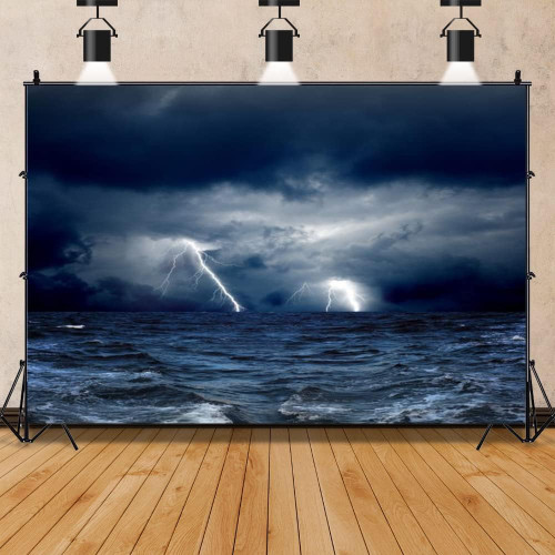 AOFOTO 10x7ft Ocean Dazzling Lightning Pirate Ship Backdrop Sea Gloomy Moon Night Sky Clouds Corsair Boat Photography Background Birthday Nautical Party Banner Halloween Nightmare Photo Props Vinyl