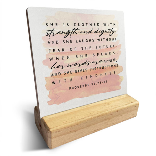 Inspirational Quote Country She is Clothed in Strength Bible Verse Wooden Plaque Sign Desk Decor Rustic Watercolour Proverbs 31:25-26 Christian Desk Sign Decor for Home Office 4 x 4 Inches