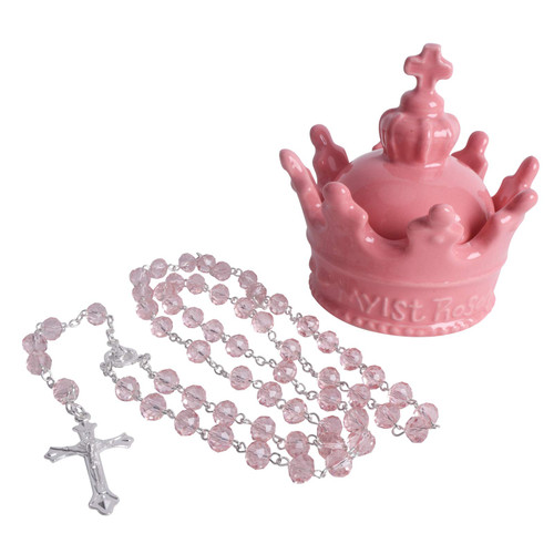 Vencer Ceramic Keepsake Box and Rosary Gifting Set, My First Rosary Cross for Boys and Girls,Pink,VBK-002P