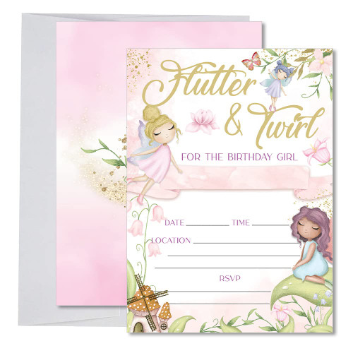 Partiness Fairy Garden Birthday Party Invitations, Enchanted Magical Fairies Supplies and Decoration for Girls, 20 Fill-In Invites + Envelopes