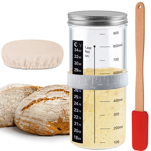 Tyniaide Sourdough Starter Jar Kit 1000ML Wide Mouth Sourdough Starter Jar with Thermometer Scraper Cloth Cover and Aluminum Lid Sour Dough Starter Container for Sourdough Bread Baking Supplies