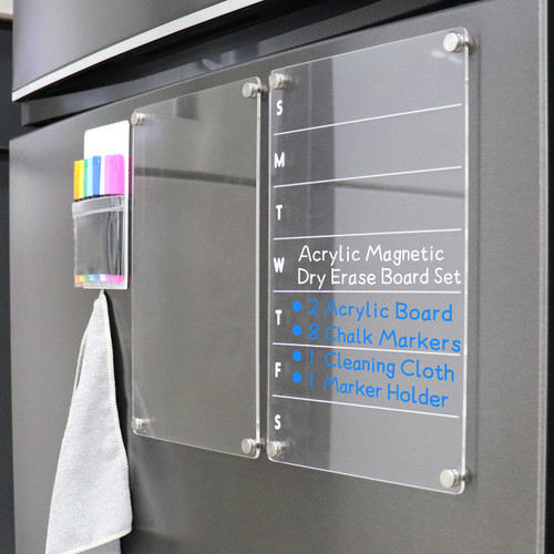 Acrylic Magnetic Dry Erase Board for Fridge Set 12"x8", Weekly Meal Planner Magnetic Weekly Fridge Calendar Clear Dry Erase Board Weekly Menu Whiteboard Magnet Acrylic White Board for Refrigerator