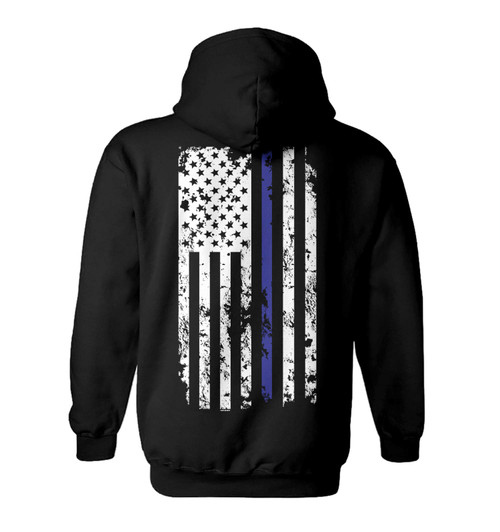Haase Unlimited Blue Line American Flag - Police Support Unisex Hoodie Sweatshirt (Black - Back Print, Medium)
