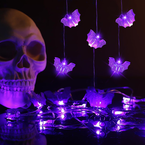 Halloween String Lights, Purple Bat LED String Lights, Battery Operated Halloween Lights with Two Modes for Indoor Outdoor Halloween Party Decorations (10 FT, 20 LED)