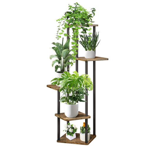 YOCOMEY 5 Tier Wood Tall Plant Stand Metal Rack Indoor, Multiple Flower Pot Holder Shelves Corner Rack, Planter Shelf Display Rack Storage Organizer for Patio Living Room Balcony Garden(Black)