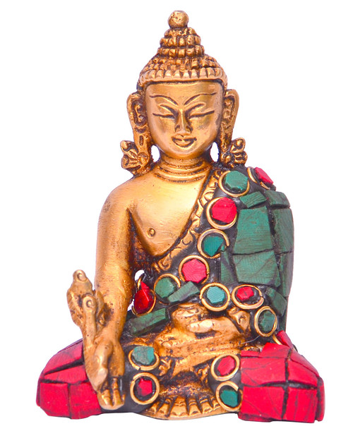 Purpledip Healing Medicine Lord Buddha Statue in Solid Brass Metal with Turquoise Gem-Stone Work for Home Temple, Office Table or Shop Counter (10642)