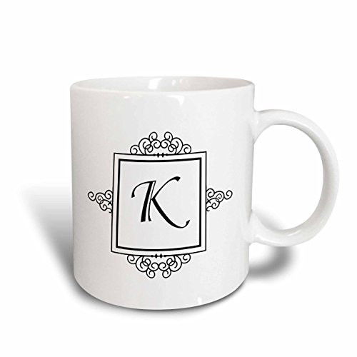 3dRose mug_154334_6"Initial Letter K Personal Monogrammed Fancy black White Typography Elegant Stylish" Two Tone Blue Mug, 11 oz, Blue/White