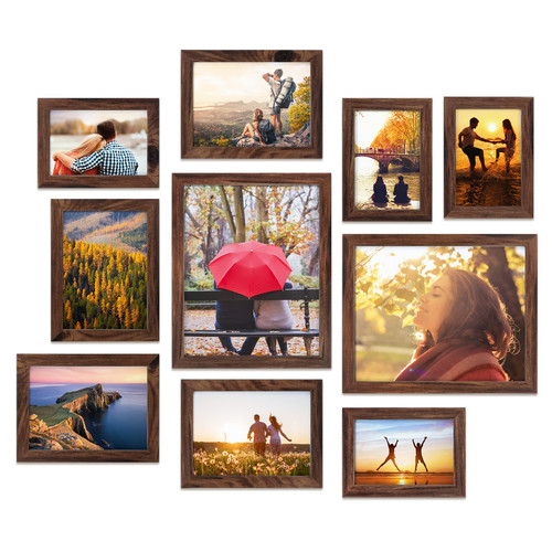 Giftgarden 10-Pack Brown Picture Frames for Various Sizes Photos, Four 4x6, Four 5x7, Two 8x10, Multi Assorted Rustic Walnut-Color Frame Collage for Wall or Tabletop