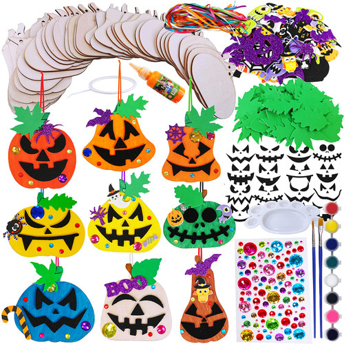 Winlyn 63 Sets Halloween Craft Kits Fall Crafts DIY Wooden Pumpkin Ornaments Decorations Art Sets Unfinished Wood Pumpkins Halloween Stickers for Kids Art Project Home Classroom Party Activities
