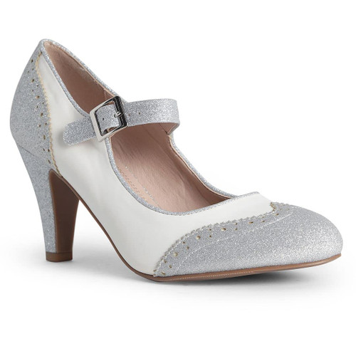 J. Adams Kym Mary Jane Shoes Women Oxford Pumps - Cute Low Kitten High Heels - Retro Vintage Shoes for Women 1950s Mary Janes Round Toe Shoe with Ankle Strap - Women Dress Shoes Silver Glitter