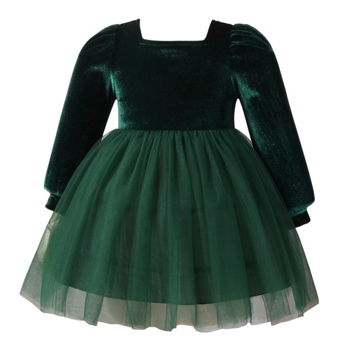 Baby Girls Christmas Party Velvet Dress Green Velvet Tulle Dresses Toddler Fall Winter Long Sleeve Ruffle Velvet Dresses Birthday Party Velvet Princess Dresses Green Tulle-Smocked Back 2-3 Years