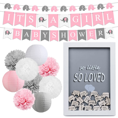 WOMRICH Girl Baby Shower Decorations Elephant Theme Set, Baby Shower Guestbook Elephant Sign Frame, It is a Girl Banners Elephant Garland Paper Lantern Paper Flower Pom Poms (Pink) WOMRICH Girl Baby Shower Decorations Elephant Theme Set, Baby Shower Guestbook Elephant Sign Frame, It is a Girl Banners Elephant Garland Paper Lantern Paper Flower Pom Poms (Pink)