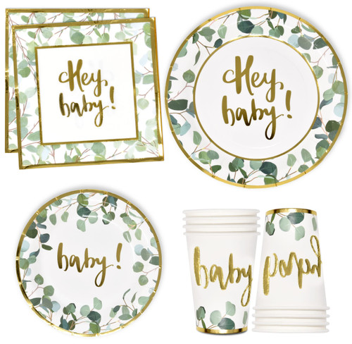 Hey Baby Shower Party Supplies Tableware Set Eucalyptus Greenery with Gold Foil 24 9" Plates 24 7" Plate 24 9 Oz Cups 24 Lunch Napkins for Boy Girl Neutral Gender Reveal Disposable Paper Goods Decor Hey Baby Shower Party Supplies Tableware Set Eucalyptus Greenery with Gold Foil 24 9" Plates 24 7" Plate 24 9 Oz Cups 24 Lunch Napkins for Boy Girl Neutral Gender Reveal Disposable Paper Goods Decor