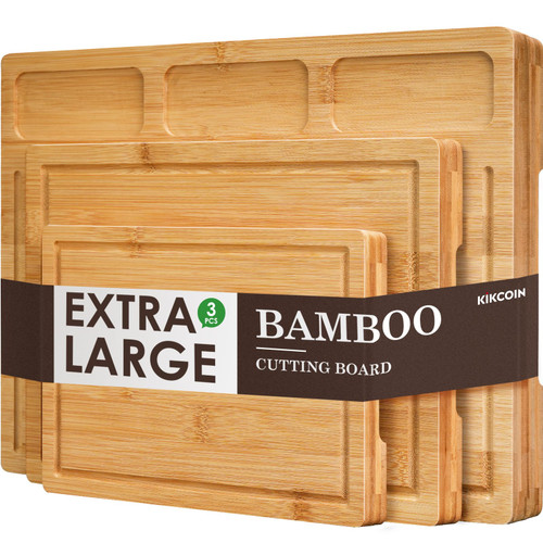 Bamboo Cutting Boards for Kitchen, (Set of 3) Kitchen Chopping Board with 3 Built-In Compartments and Juice Groove Heavy Duty Serving Tray Wood Butcher Block and Wooden Carving Board, Kikcoin Bamboo Cutting Boards for Kitchen, (Set of 3) Kitchen Chopping Board with 3 Built-In Compartments and Juice Groove Heavy Duty Serving Tray Wood Butcher Block and Wooden Carving Board, Kikcoin