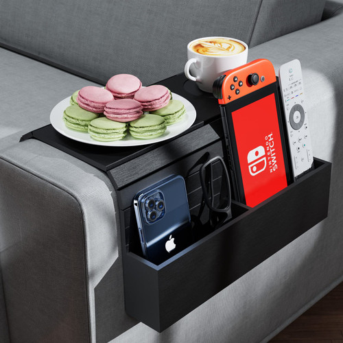 Semounva Bamboo Sofa Arm Tray with Pockets, Couch Caddy Organizer, Foldable Armrest Tray for Snack, Drinks, Phone, TV Remote, Sofa Armrest Table, Gift for Family and Friends (Black)