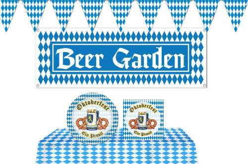 Bavarian Beer Garden Oktoberfest Party Supplies: Bundle Includes Paper Plates and Napkins for 16 Guests Plus Tablecover, Beer Garden Banner, and Flag Pennant Banner