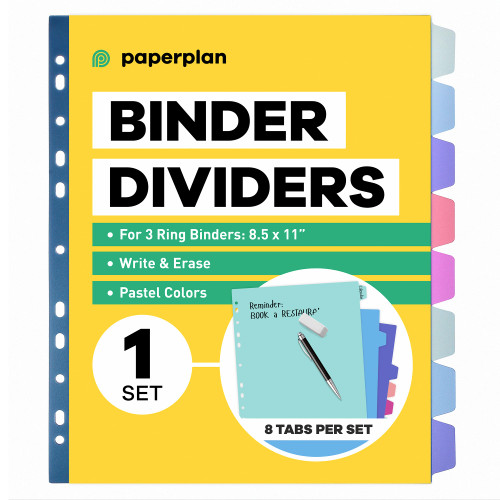 Binder Dividers with Tabs - Dividers for 3 Ring Binder - 3 Ring Binder Dividers with Tabs - Plastic Dividers for 3 Ring Binder (Plastic, 8-Tab, 1-Set) - 8 Tab Dividers for 3 Ring Binder