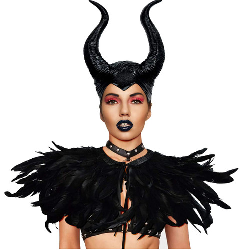 L'VOW Gothic Feather Cape Black Shawl with Maleficent Horn Headpiece for Halloween Cosplay Costume