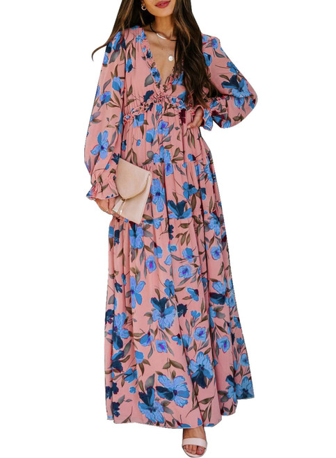 BLENCOT Women's Casual Boho Floral Printed Deep V Neck Loose Long Sleeve Long Evening Dress Ruched Cocktail Party Maxi Wedding Dress Pink Blue Medium