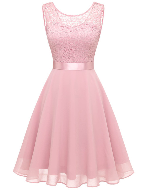 BeryLove Prom Formal Dresses for Women 2023 Wedding Guest Short Bridesmaid Dress Sleeveless Flowy Homecoming Dresses for Teens Elegant Floral Lace A Line Cocktail Party Girls Dresses 05 Pink 3XL