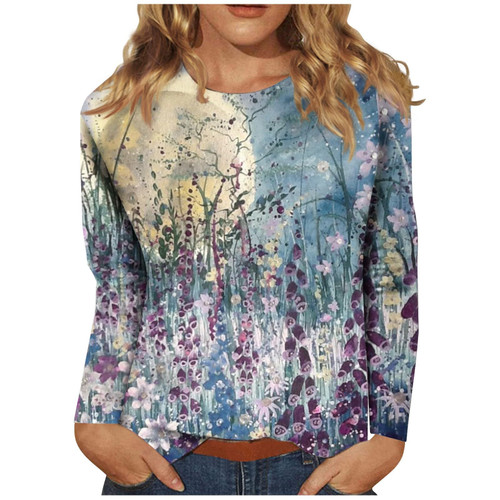 GONEBIN Black Blouse,Peasant Blouses for Women Long Sleeve Shirts for Women Cute Print Graphic Tees Blouses Casual Plus Size Basic Tops Pullover Tunic Tops Graphic Tee Black for Women Blue,XL