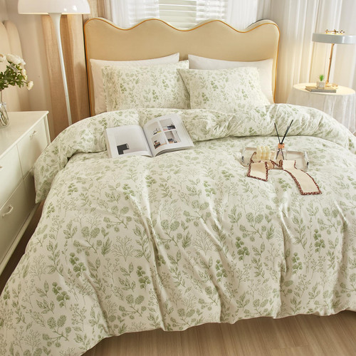 HighBuy 3 Pieces Duvet Cover Twin White Duvet Cover with Green Floral Print,Soft Cotton Comforter Cover Boho Style,Aesthetic Twin Bedding Set with Zipper Closure 4 Ties,All Season
