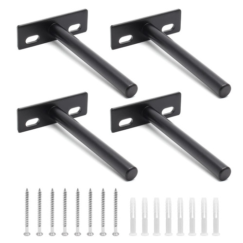Bonsicoky 4 Pcs 4 Inch Solid Steel Floating Shelf Bracket Heavy Duty, Hidden Wall Mounted Supports Brackets for Floating Wood Shelves, Black (with Screws and Wall Plugs)