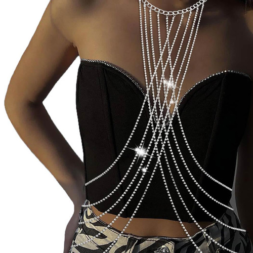 Bounzhi Harness Body Chain Rhinestone Bra Crossover Sexy Body Jewelry Beach Bikini Chain Necklace for Women and Girls (Silver)