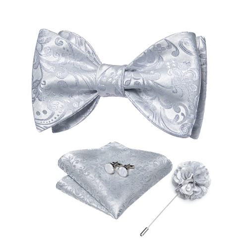 DiBanGu Men's Silver Grey Bowtie and Lapel Pin Set Silk Woven Self-tied Bow Tie Pocket Square Cufflinks Set