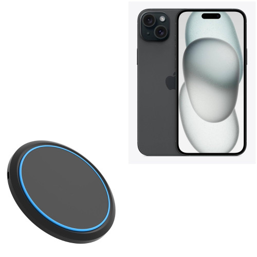 BoxWave Charger Compatible with Apple iPhone 15 Plus - SwiftCharge PowerDisc Wireless Charger (15W), Qi Wireless 15W Circular Desktop Charger - Jet Black