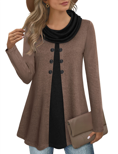 Bebonnie Womens Winter Shirts,Womens Plus Size Casual Long Sleeve Cowl Neck Warm Splicing Tunic Tops with Buttons Coffee XXX-Large