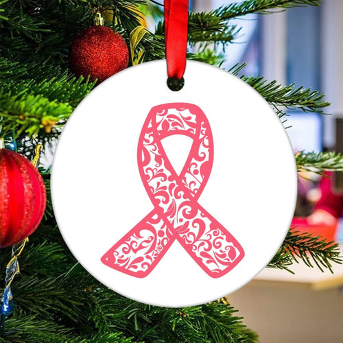 Christmas Ornament 2021 Breast Cancer Awareness Pink Ribbon Ornament for Christmas Tree Decorations Breast Cancer Heal Ribbon Christmas Tree Ornament Hanging Ceramic Ornament Xmas Gift