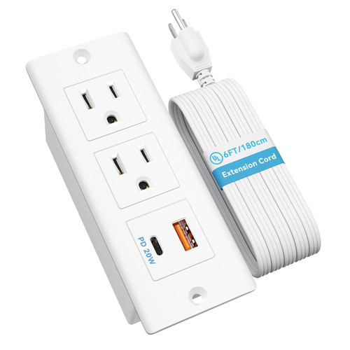 20W USB C Recessed Power Strip, BTU Flat Plug Power Strip Furniture Outlet, Flush Mount Desk Outlet 2 USB 2 Outlets Slim Power Strip for Side Table End Table, 6ft Cord (White)