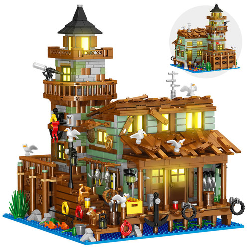 Fishing Village Store House Building Set with LED Light, 1881 PCS Wood Cabin Mini Building Block, STEM Architecture Toys Kit, Birthday Gift for Adults Ages 8-12+ Years?Not Compatible with Lego Set ?