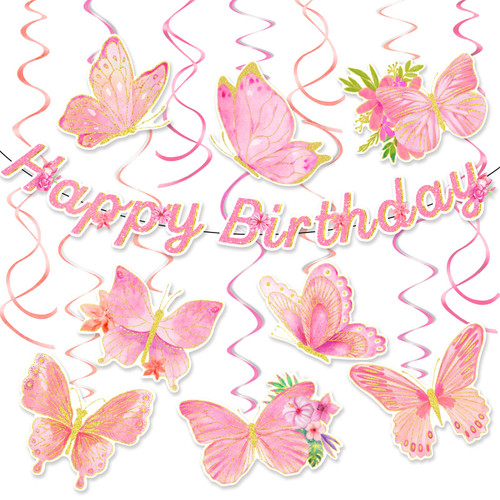 Butterfly Hanging Decorations, Pink Butterfly Theme Birthday Party Supplies, Spring Butterfly Hanging Swirls and Banner, Butterfly Party Decorations, Butterfly Baby Shower Decorations for Girls