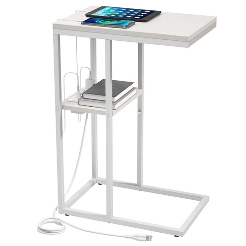 Yoobure C Shaped End Table with Charging Station, Small Side Tables for Living Room, Bedroom, Sofa Table with USB Ports and Outlets for Small Spaces, C Couch Table Rustic Snack Table Bed Side Table