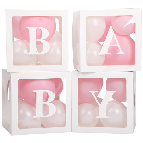 Voircoloria Baby Boxes with Letters for Baby Shower, 4 Transparent Balloon Boxes with Letters for Gender Reveal Birthday Wedding Baby Shower Decorations(Pink and White Balloons)