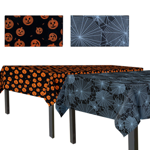 Confettiville Halloween Tablecloth, 2-Pack Disposable Halloween Table Cloths, Pumpkins and Spider Web Plastic Table Covers, 54 x 108 Inches, Halloween Party Decorations