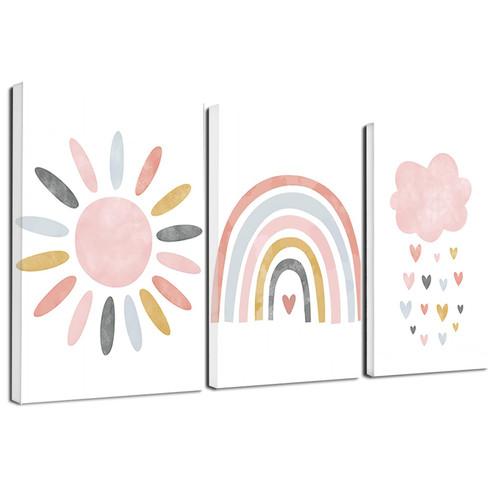 Nicjoy Pink Cloud Sun Rainbow Poster Nursery Wall Art Print Child Canvas Painting Nordic Pictures Kids Room Home Decor 3Psc/set (8x12inchx3(20x30cmx3),No Frame)